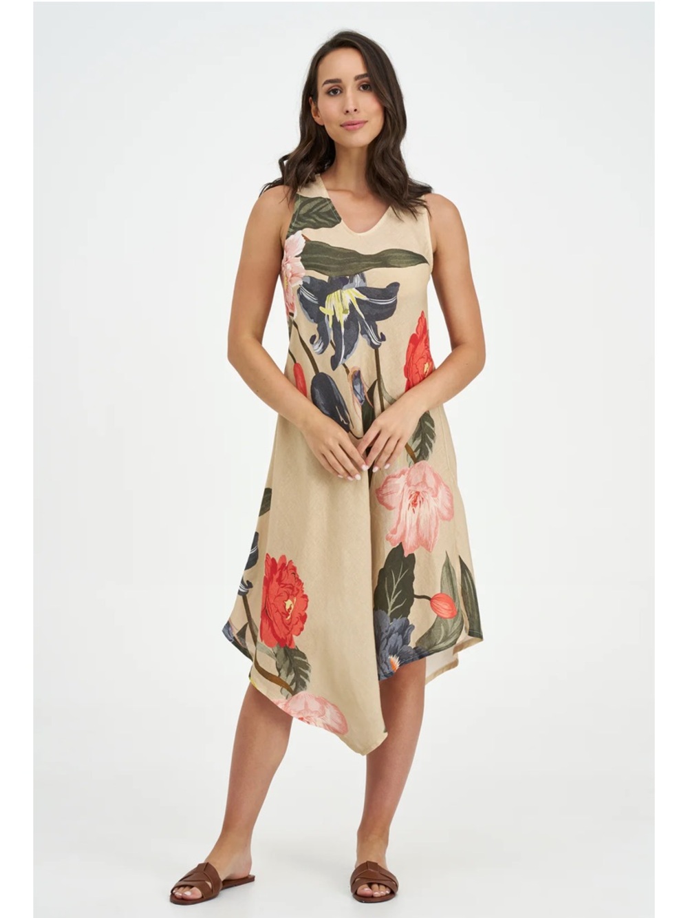 Sleeveless Beige Floral Linen Blend Dress in Oat Blossom made in Italy